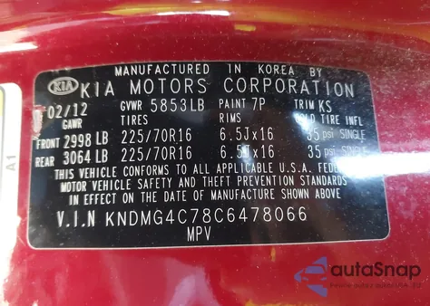 2012 Kia Sedona Lx from USA, damaged, VIN KNDMG4C78C6478066